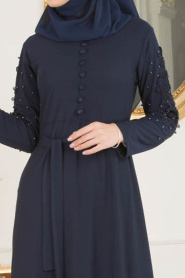 Nayla Collection - Boncuk Detaylı Lacivert Tesettür Elbise 10120L - Thumbnail
