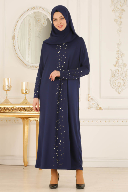 Nayla Collection - Boncuk Detaylı Lacivert Tesettür Elbise 73120L
