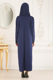 Nayla Collection - Boncuk Detaylı Lacivert Tesettür Elbise 73120L - Thumbnail
