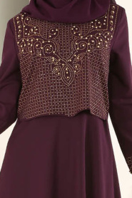 Nayla Collection - Boncuk Detaylı Mor Tesettür Abiye Elbise 20101MOR - Thumbnail