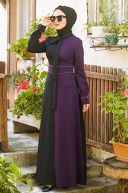 Nayla Collection - Boncuk Detaylı Mor Tesettür Elbise 1222MOR - Thumbnail