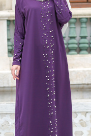 Nayla Collection - Boncuk Detaylı Mor Tesettür Elbise 73120MOR - Thumbnail