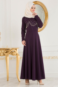 Nayla Collection - Boncuk Detaylı Mor Tesettür Elbise 76620MOR - Thumbnail