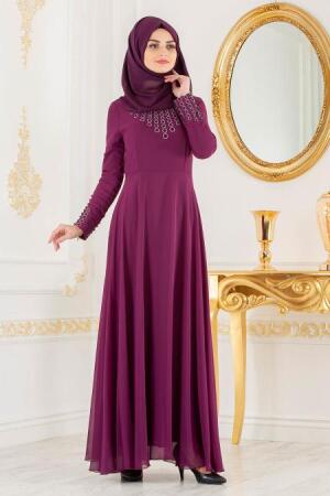 Nayla Collection - Boncuk Detaylı Mürdüm Tesettür Elbise 1715MU - 1