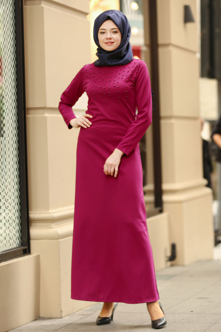 Nayla Collection - Boncuk Detaylı Mürdüm Tesettür Elbise 79210MU