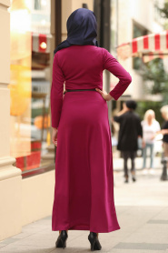 Nayla Collection - Boncuk Detaylı Mürdüm Tesettür Elbise 79210MU - Thumbnail
