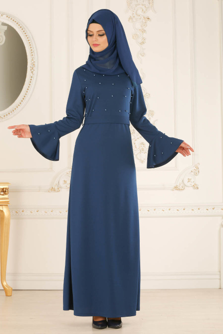 Nayla Collection - Boncuk Detaylı Petrol Mavisi Tesettür Elbise 51350PM