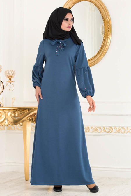 Nayla Collection - Boncuk Detaylı Petrol Mavisi Tesettür Elbise 51421PM