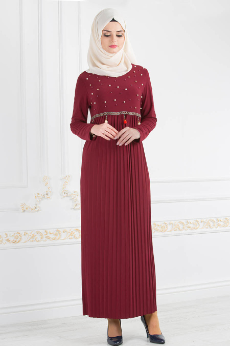 Nayla Collection - Boncuk Detaylı Piliseli Bordo Tesettür Elbise 18021BR