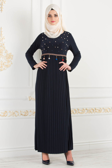 Nayla Collection - Boncuk Detaylı Piliseli Lacivert Tesettür Elbise 18021L