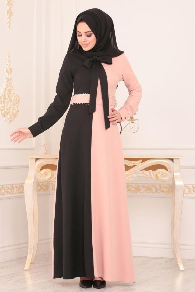 Nayla Collection - Boncuk Detaylı Pudra Tesettür Elbise 1222PD - 1