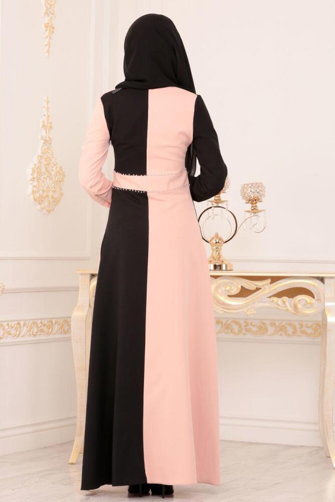 Nayla Collection - Boncuk Detaylı Pudra Tesettür Elbise 1222PD - 2