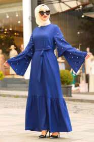 Nayla Collection - Boncuk Detaylı Sax Mavisi Tesettür Elbise 4274SX - Thumbnail