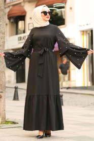 Nayla Collection - Boncuk Detaylı Siyah Tesettür Elbise 4274S - Thumbnail