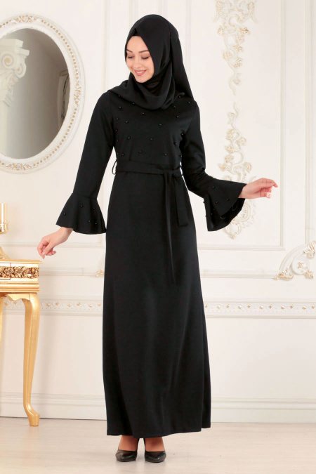 Nayla Collection - Boncuk Detaylı Siyah Tesettür Elbise 51350S