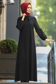 Nayla Collection - Boncuk Detaylı Siyah Tesettür Elbise 51421S - Thumbnail