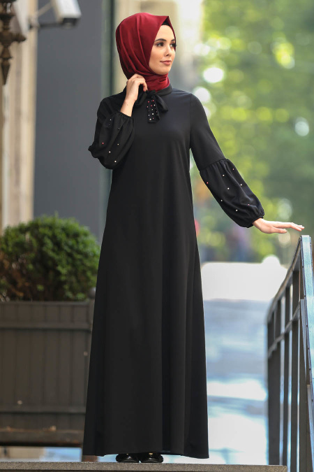 Nayla Collection - Boncuk Detaylı Siyah Tesettür Elbise 51421S