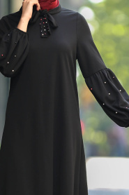 Nayla Collection - Boncuk Detaylı Siyah Tesettür Elbise 51421S - Thumbnail
