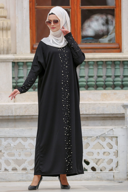 Nayla Collection - Boncuk Detaylı Siyah Tesettür Elbise 73120S