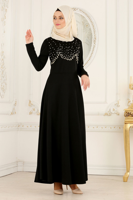 Nayla Collection - Boncuk Detaylı Siyah Tesettür Elbise 76620S