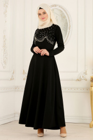 Nayla Collection - Boncuk Detaylı Siyah Tesettür Elbise 76620S - Thumbnail