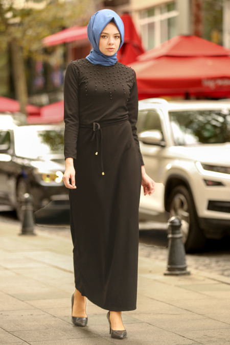 Nayla Collection - Boncuk Detaylı Siyah Tesettür Elbise 79210S