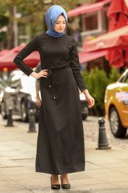 Nayla Collection - Boncuk Detaylı Siyah Tesettür Elbise 79210S - Thumbnail