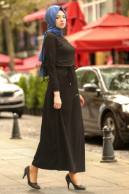 Nayla Collection - Boncuk Detaylı Siyah Tesettür Elbise 79210S - Thumbnail