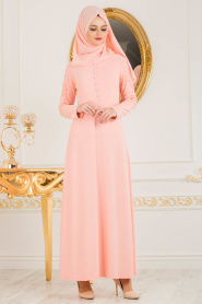 Nayla Collection - Boncuk Detaylı Somon Tesettür Elbise 10120SMN - Thumbnail
