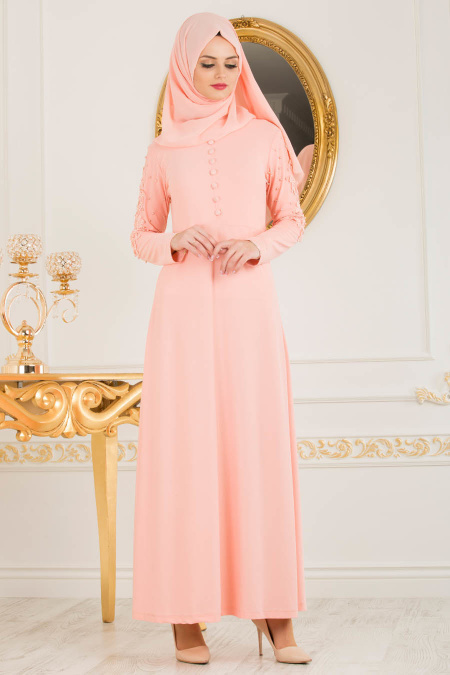 Nayla Collection - Boncuk Detaylı Somon Tesettür Elbise 10120SMN