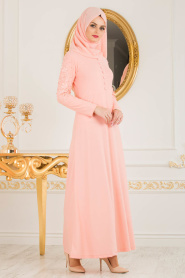 Nayla Collection - Boncuk Detaylı Somon Tesettür Elbise 10120SMN - Thumbnail