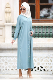 Nayla Collection - Boncuk Detaylı Turkuaz Tesettür Elbise 73120TR - Thumbnail