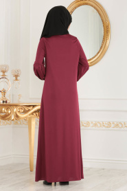 Nayla Collection - Boncuk Detaylı Vişne Tesettür Elbise 51421VSN - Thumbnail