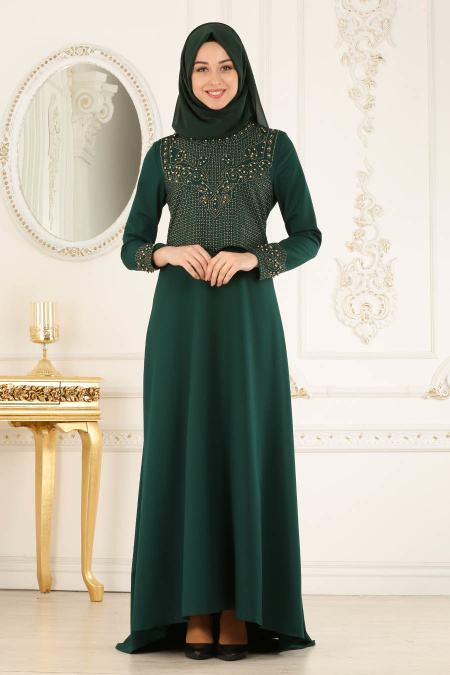 Nayla Collection - Boncuk Detaylı Yeşil Tesettür Abiye Elbise 20101Y