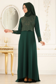 Nayla Collection - Boncuk Detaylı Yeşil Tesettür Abiye Elbise 20101Y - Thumbnail