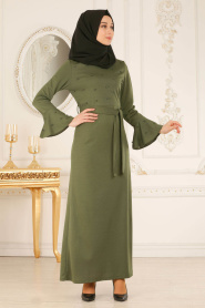 Nayla Collection - Boncuk Detaylı Yeşil Tesettür Elbise 51350Y - Thumbnail