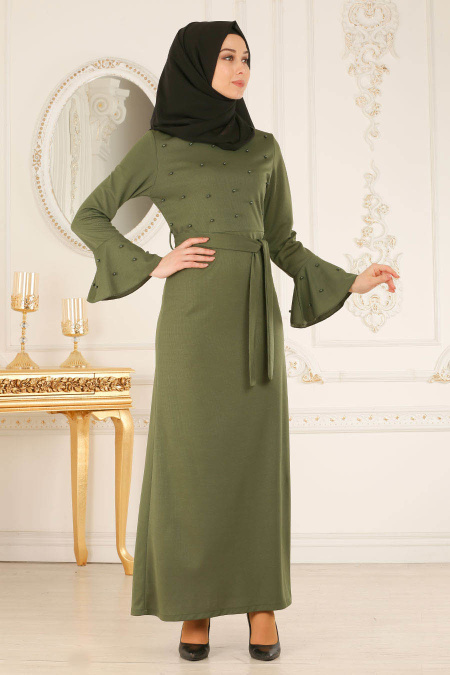 Nayla Collection - Boncuk Detaylı Yeşil Tesettür Elbise 51350Y