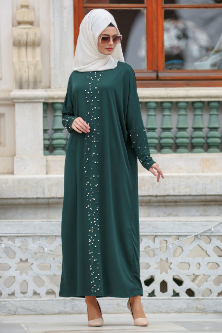 Nayla Collection - Boncuk Detaylı Yeşil Tesettür Elbise 73120Y