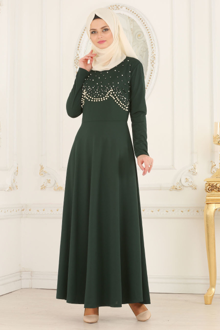Nayla Collection - Boncuk Detaylı Yeşil Tesettür Elbise 76620Y