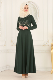 Nayla Collection - Boncuk Detaylı Yeşil Tesettür Elbise 76620Y - Thumbnail
