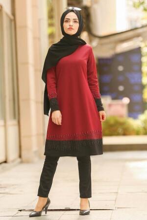 Nayla Collection - Boncuk İşlemeli İkili Bordo Tesettür Takım 100369BR - 1
