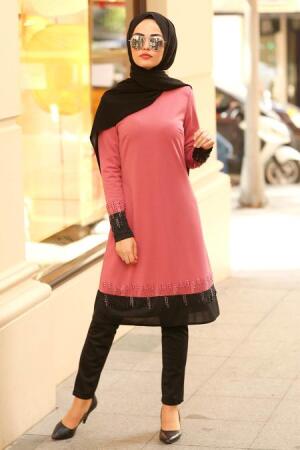 Nayla Collection - Boncuk İşlemeli İkili Gül Kurusu Tesettür Takım 100369GK - 1