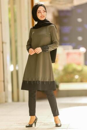 Nayla Collection - Boncuk İşlemeli İkili Haki Tesettür Takım 100369HK - 1