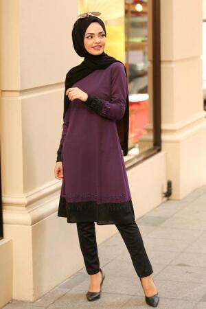 Nayla Collection - Boncuk İşlemeli İkili Mor Tesettür Takım 100369MOR - 1
