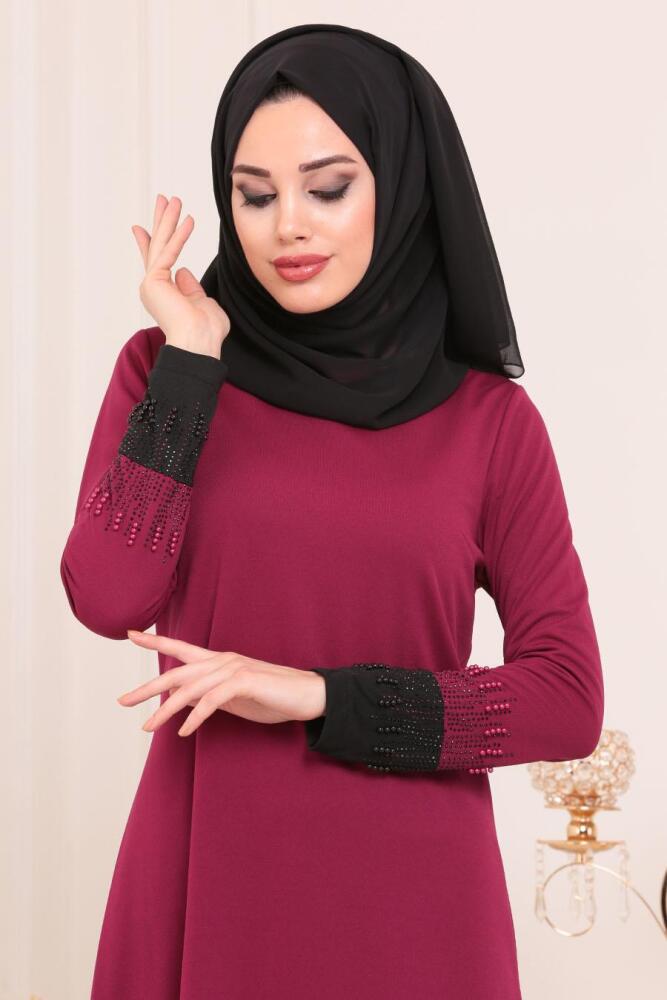 Nayla Collection - Boncuk İşlemeli İkili Mürdüm Tesettür Takım 100369MU - 2