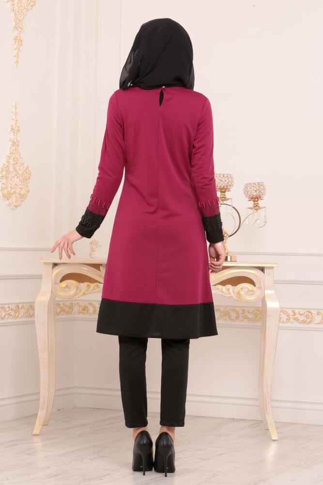 Nayla Collection - Boncuk İşlemeli İkili Mürdüm Tesettür Takım 100369MU - 3