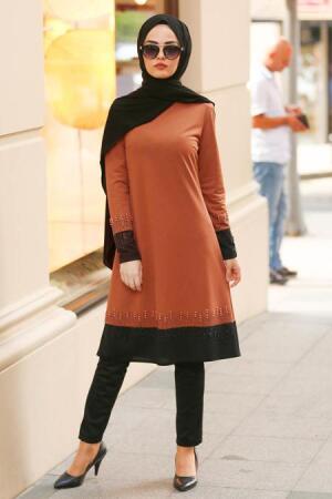 Nayla Collection - Boncuk İşlemeli İkili Taba Tesettür Takım 100369TB - 1