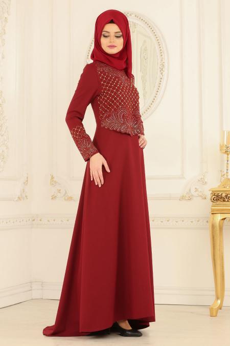 Nayla Collection - Boncuklu Bordo Tesettür Abiye Elbise 20070BR - 2