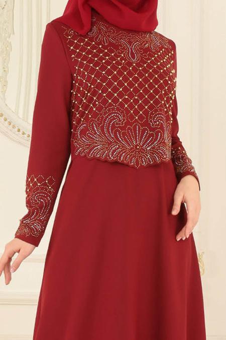 Nayla Collection - Boncuklu Bordo Tesettür Abiye Elbise 20070BR - 4