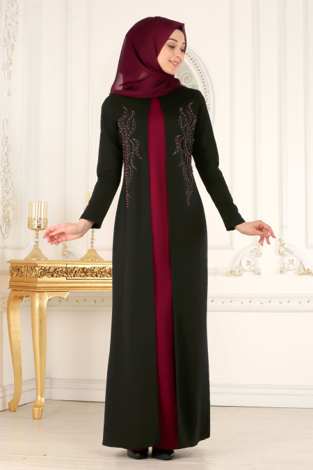 Nayla Collection - Boncuklu Fuşya / Siyah Tesettür Elbise 12009F